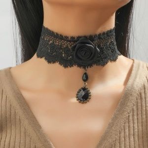 🖤 Lovely Wide Floral Lace Rose Cameo Beat Tassel Gothic Victorian Choker 🖤